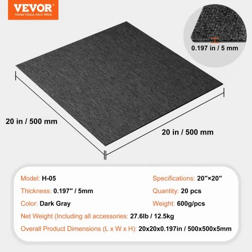 VEVOR Kiliminės plytelės H-05, tamsiai pilka, 20 vnt., 500 x 500 x 5 mm