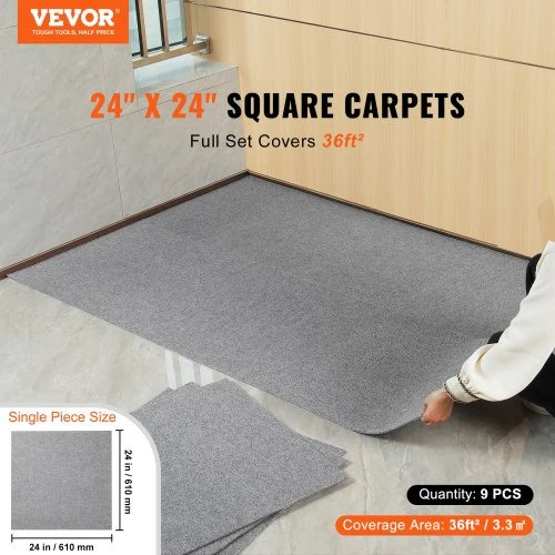 VEVOR Kiliminės plytelės, lipnios, 9 vnt., šviesiai pilkos, 610 x 610 x 4,8 mm