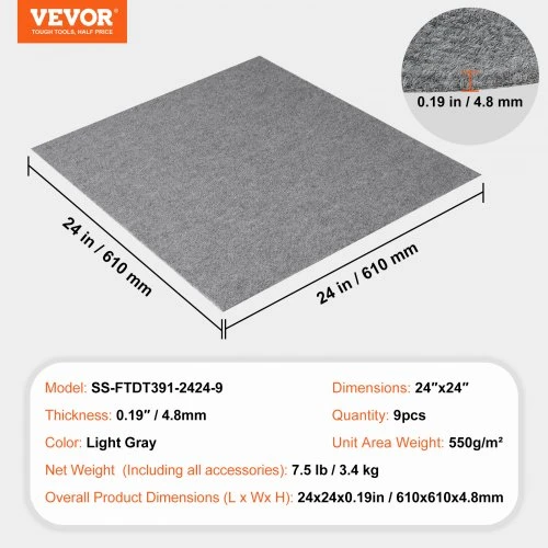 VEVOR Kiliminės plytelės, lipnios, 9 vnt., šviesiai pilkos, 610 x 610 x 4,8 mm