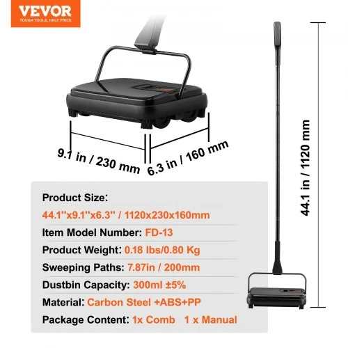 Koduva VEVOR kilimų šluota, 20 cm valymo plotis, rankinė, 300 ml dulkių talpa