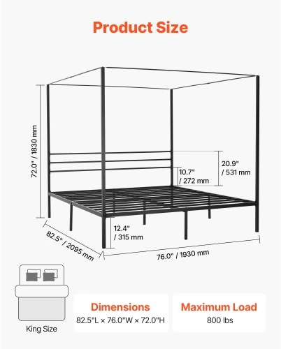 VEVOR King Size metalinė stoginė lovos rėmas, juodas, su keturiais stulpais
