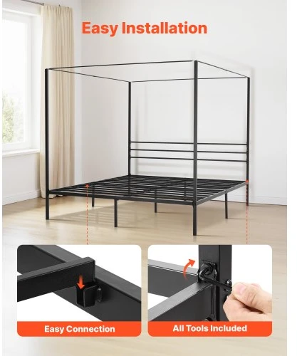 VEVOR King Size metalinė stoginė lovos rėmas, juodas, su keturiais stulpais