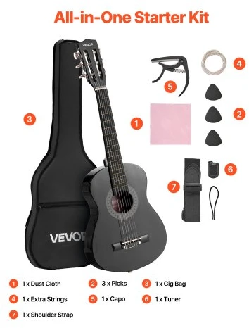 VEVOR Klasikinė gitara, 780 mm, juoda, su priedų rinkiniu