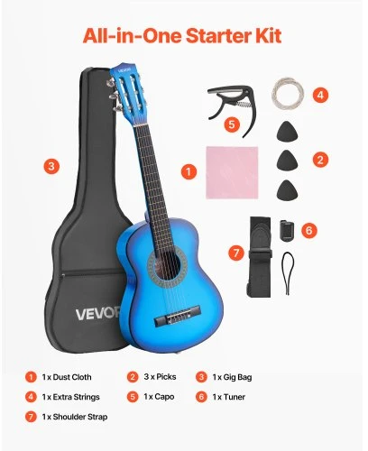 VEVOR Klasikinė gitara 780 mm, mėlyna, starter rinkinys