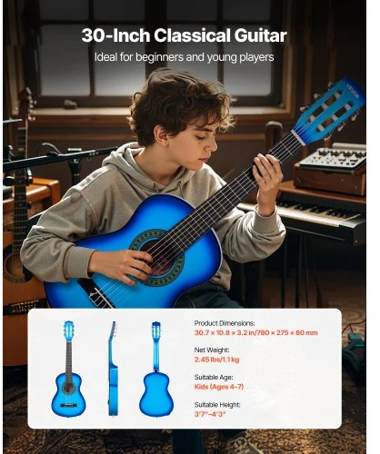 VEVOR Klasikinė gitara 780 mm, mėlyna, starter rinkinys