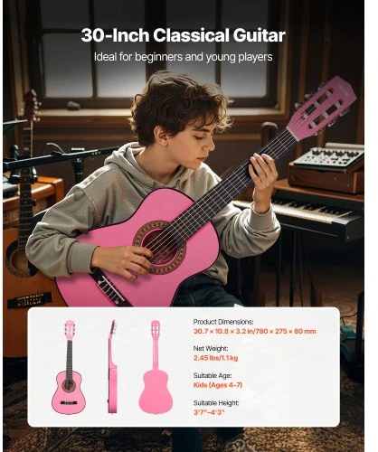 VEVOR Klasikinė gitara 780 mm, pradedančiųjų rinkinys, 30 colių, rožinė
