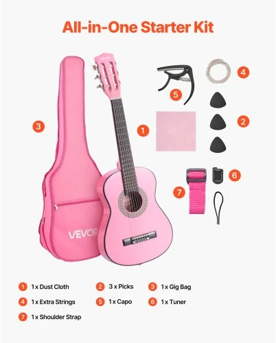 VEVOR Klasikinė gitara 780 mm, pradedančiųjų rinkinys, 30 colių, rožinė