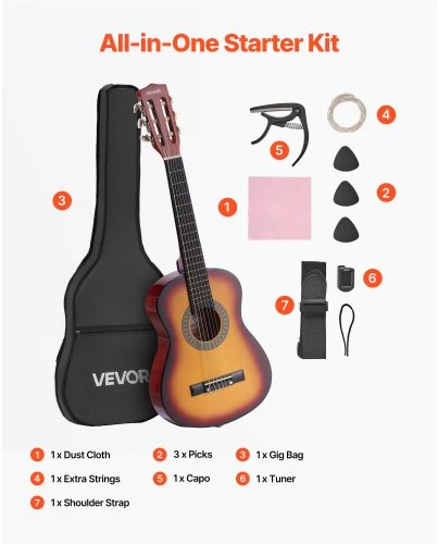 VEVOR Klasikinė gitara 780 mm, sunburst, rinkinys pradedantiesiems