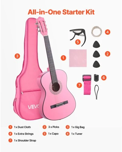 VEVOR Klasikinė gitara, 960 mm, rožinė, su priedų rinkiniu