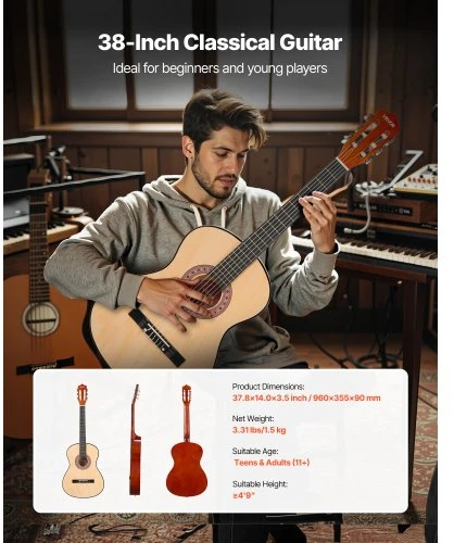 VEVOR Klasikinė gitara M5831, 960 mm, natūrali, su priedų rinkiniu