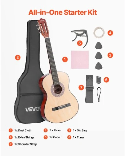 VEVOR Klasikinė gitara M5831, 960 mm, natūrali, su priedų rinkiniu