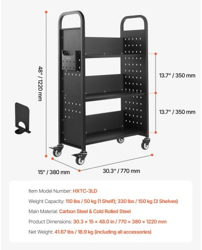 VEVOR Knygų vežimėlis su ratukais, 150 kg, 77 x 38 x 122 cm, juodas