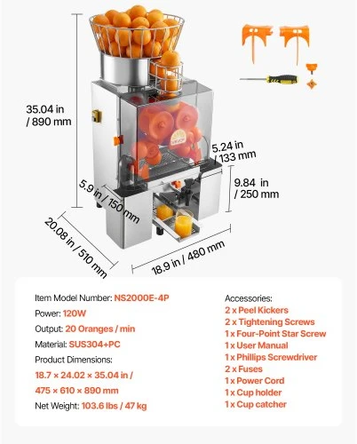 VEVOR Komercinė apelsinų sulčiaspaudė, 120 W, automatinė, nerūdijančio plieno