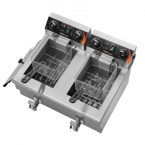 VEVOR Komercinė elektrinė gruzdintuvė, 2 talpų, 3000 W + 3000 W, nerūdijantis plienas