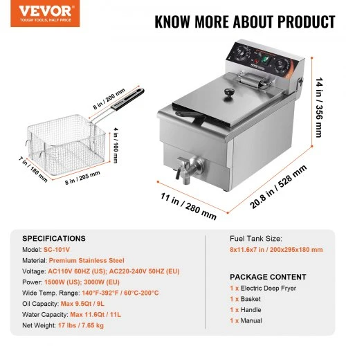 VEVOR Komercinė elektrinė gruzdintuvė, 3000 W, 11 L, nerūdijantis plienas, SC-101V