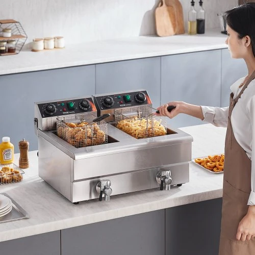 VEVOR Komercinė elektrinė gruzdintuvė, 2 talpų, 3000 W + 3000 W, nerūdijantis plienas