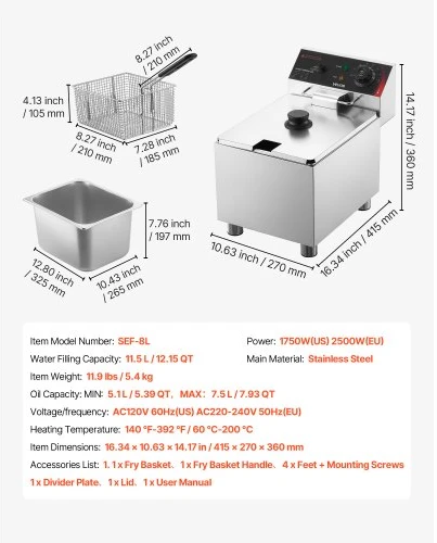 Koduva VEVOR komercinė elektrinė gruzdintuvė, 7,5 l, 2500 W, nerūdijančio plieno