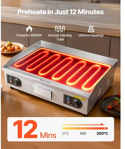 VEVOR Komercinė elektrinė keptuvė, 655 x 400 mm, 4000 W, 50–300 °C, nerūdijančio plieno, be kištuko