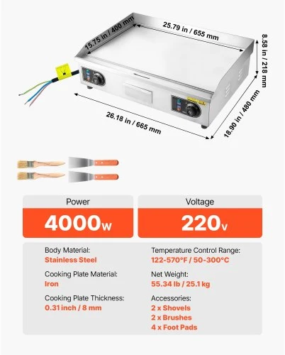 VEVOR Komercinė elektrinė keptuvė, 655 x 400 mm, 4000 W, 50–300 °C, nerūdijančio plieno, be kištuko