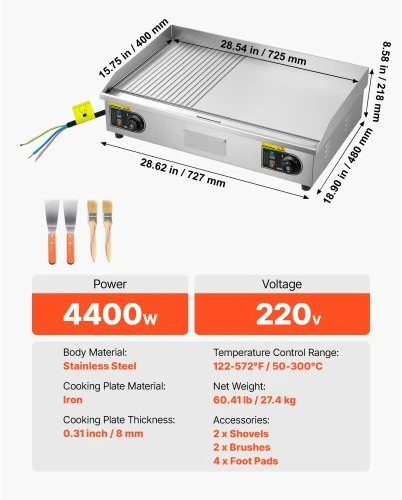 VEVOR Komercinė elektrinė keptuvė, 28,54 x 15,75 col., 4400 W, reguliuojama 50–300 °C, nerūdijančio plieno