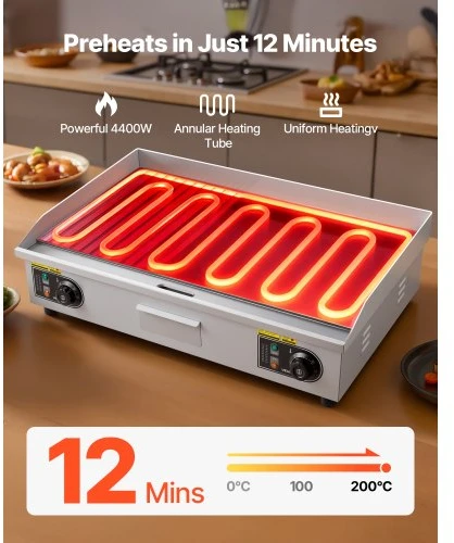 VEVOR Komercinė elektrinė keptuvė, 28,54 x 15,75 col., 4400 W, reguliuojama 50–300 °C, nerūdijančio plieno