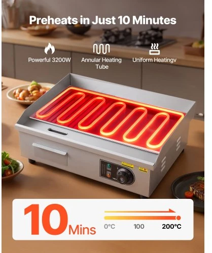 VEVOR Komercinė elektrinė keptuvė-grilis, 535 x 300 mm, 3200 W, 50–300 °C, nerūdijančio plieno korpusas
