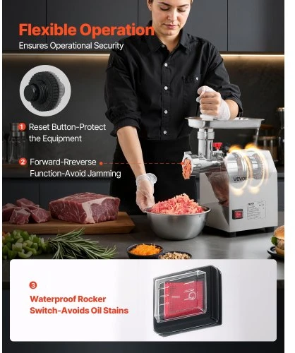 VEVOR Komercinė elektrinė mėsmalė, #8, 2,3kg/min, 600 W, su 2 nerūdijančio plieno peiliais ir 2 malimo plokštėmis