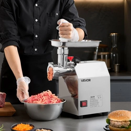 VEVOR Komercinė elektrinė mėsmalė, #8, 2,3kg/min, 600 W, su 2 nerūdijančio plieno peiliais ir 2 malimo plokštėmis