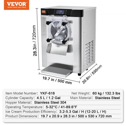 VEVOR Komercinė ledų mašina, 12 l/val., 1295 W, vieno skonio, stalviršio