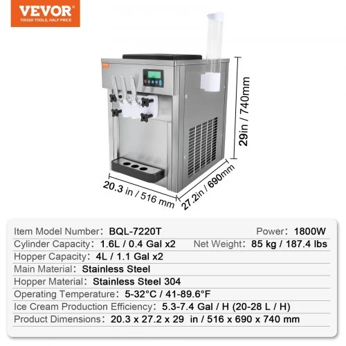 VEVOR Komercinė ledų mašina, 1800 W, 3 skonių, stalviršinė