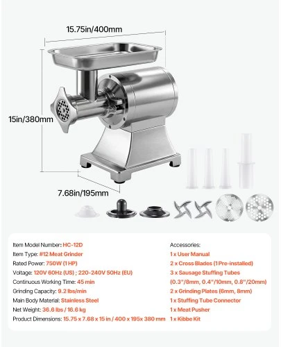 VEVOR Komercinė mėsmalė HC-12D, 4,2kg/min, 750 W