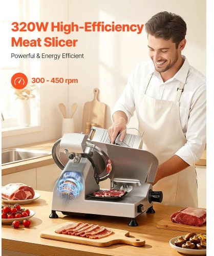 VEVOR Komercinė mėsos pjaustyklė, 320 W, 300 mm peilis, reguliuojamas 0–15 mm storis