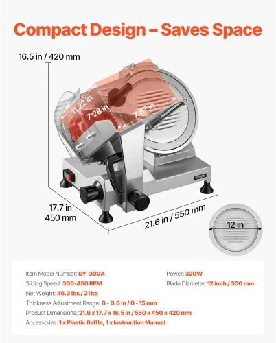 VEVOR Komercinė mėsos pjaustyklė, 320 W, 300 mm peilis, reguliuojamas 0–15 mm storis