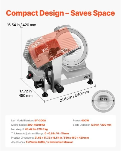 VEVOR Komercinė mėsos pjaustyklė, 400 W, nuimamas 30 cm anglinio plieno peilis, reguliuojamas 0–15 mm storis