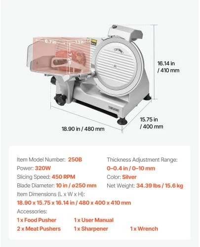 Koduva VEVOR komercinė mėsos pjaustyklė 250B, sidabrinė, 320 W, 250 mm