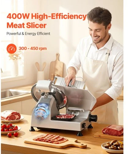 VEVOR Komercinė mėsos pjaustyklė, 400 W, nuimamas 30 cm anglinio plieno peilis, reguliuojamas 0–15 mm storis