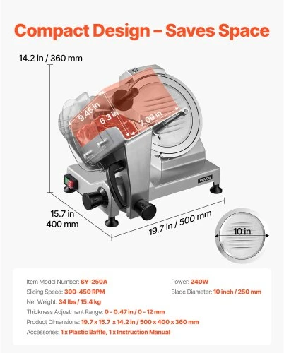 VEVOR Komercinė mėsos pjaustyklė, 240 W, 250 mm plieno peilis, SY-250A