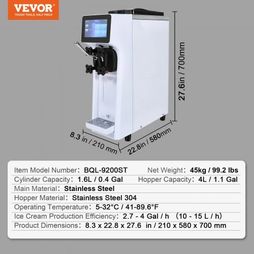 VEVOR Komercinė minkštų ledų mašina, 10 l/val., 900 W, vieno skonio, stalviršinė