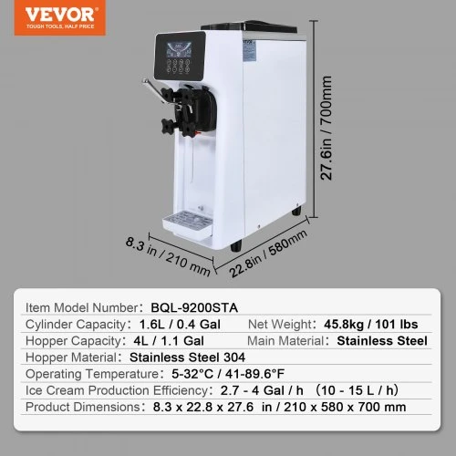 VEVOR Komercinė minkštų ledų mašina, 10 l/val., 900 W, vieno skonio, stalviršio