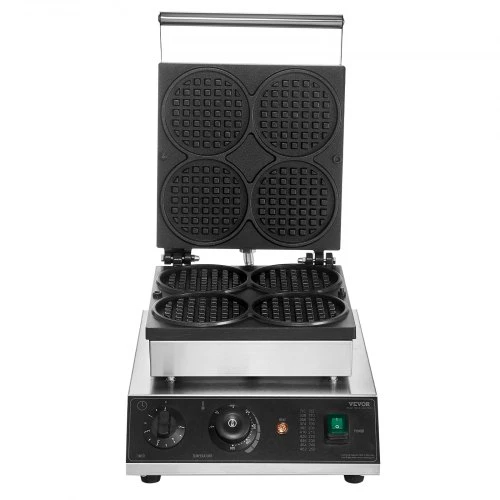 VEVOR Komercinė vaflių kepimo mašina, 4 vnt. apvali, 1750 W, nerūdijantis plienas, sidabrinė
