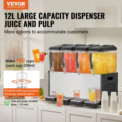 Koduva VEVOR komercinis gėrimų dispenseris, 4 talpos po 12 l, 510 W, nerūdijančio plieno, su 45°F–54°F aušinimu