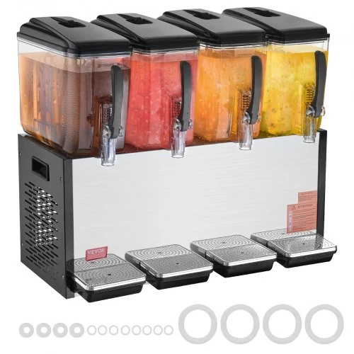 Koduva VEVOR komercinis gėrimų dispenseris, 4 talpos po 12 l, 510 W, nerūdijančio plieno, su 45°F–54°F aušinimu