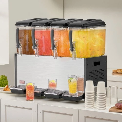 Koduva VEVOR komercinis gėrimų dispenseris, 4 talpos po 12 l, 510 W, nerūdijančio plieno, su 45°F–54°F aušinimu