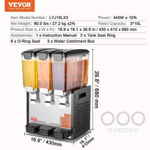 Koduva VEVOR komercinis gėrimų dozatorius, 3 talpos po 10 L, 440 W, nerūdijančio plieno, aušinimas 45°F–54°F
