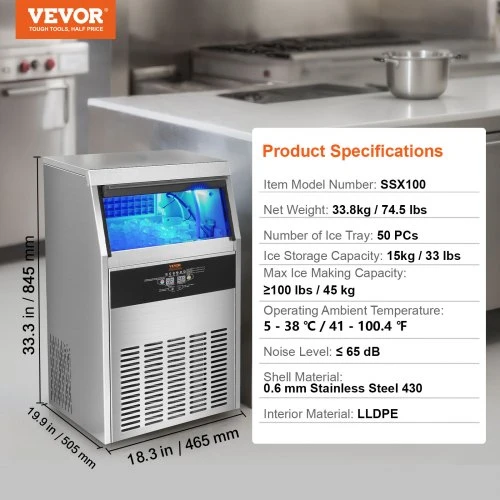 Koduva VEVOR komercinis ledo generatorius, 100 lb/24 h, laisvai pastatomas, 33 lb talpa
