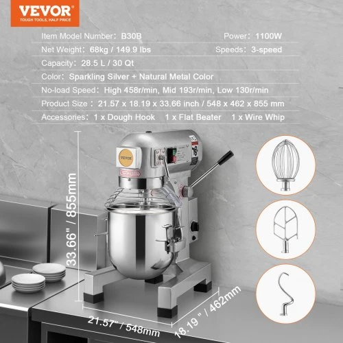 Koduva VEVOR komercinis maisto maišytuvas B30B, 28,5 l, 1100 W, sidabrinis