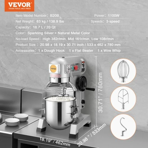 Koduva VEVOR komercinis maisto maišytuvas B20B, 18,7 l, 1100 W, sidabrinis