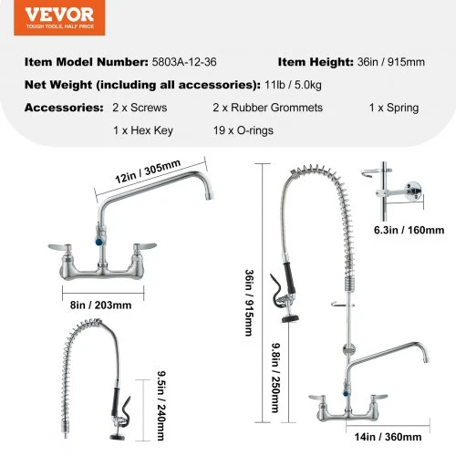 Koduva VEVOR komercinis maišytuvas su išankstinio praplovimo purkštuvu, sieninis, 36" (91,4 cm), 8" (20,3 cm), 12" (30,5 cm)