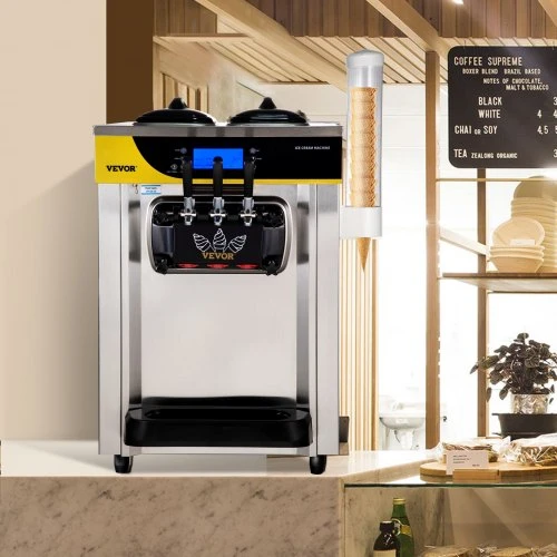 VEVOR Komercinis minkštų ledų aparatas, 22–30 l/val., stalinis, 2 x 6 l talpos bunkeriai, 2 l cilindras, LCD ekranas, sidabrinis