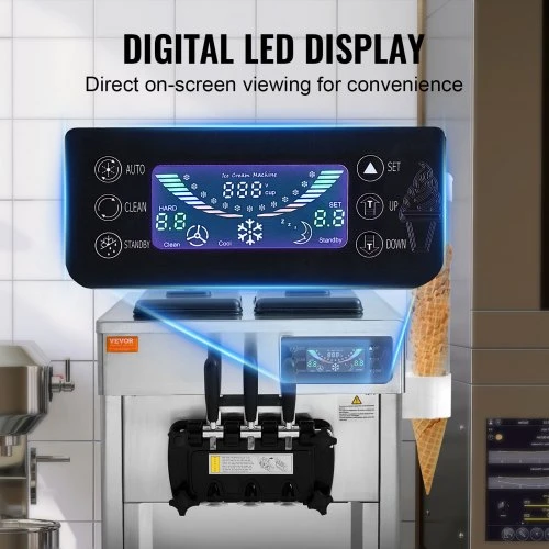 VEVOR Komercinis minkštų ledų aparatas D520S, stalinis, 3 skonių, 18–28 l/val., 1650 W, 2 x 5,5 l